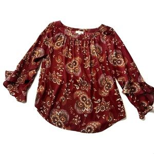 Loft Outlet Blouse Floral Burgundy Pop Over Bell Sleeve Women's Top Shirt Sz MP